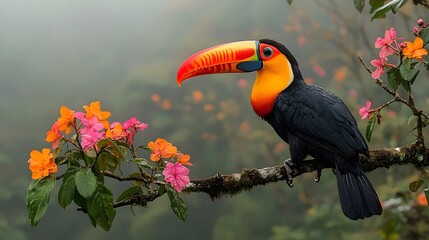 Obraz premium A colorful bird is perched on a branch of a tree with pink flowers