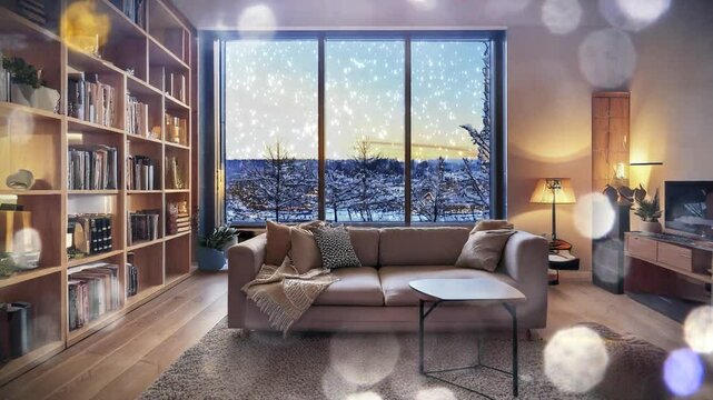 日本のマンション・アパートの部屋リビング　窓の外の雪景色の街　降り積もる降雪の天気　室内のソファと棚・テーブル　冬の風景背景素材　寒い家と落ち着いた雰囲気　クリスマス・年末・新年・冬休み・正月のイメージバックグラウンド　キラキラのイルミネーションのボケ光