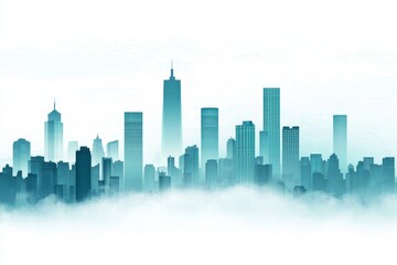 Naklejka premium Abstract cityscape background with skyscrapers and fog, a blue-green gradient color on a white background. 
