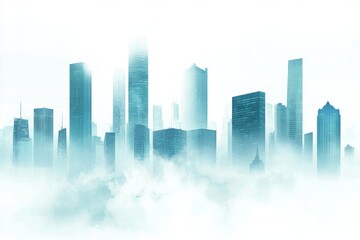 Fototapeta premium Abstract cityscape background with skyscrapers and fog, a blue-green gradient color on a white background. 
