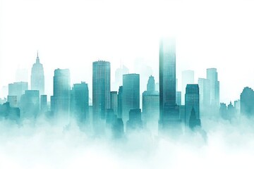 Obraz premium Abstract cityscape background with skyscrapers and fog, a blue-green gradient color on a white background. 