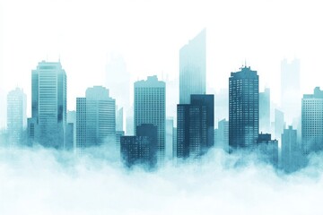 Fototapeta premium Abstract cityscape background with skyscrapers and fog, a blue-green gradient color on a white background. 