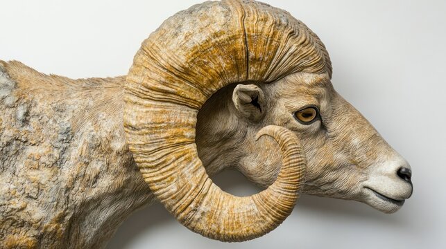A detailed sculpture of a ram's head showcasing its prominent horns and realistic features.