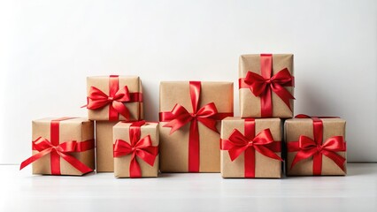 Obraz premium Trendy craft paper boxes adorned with red bows, perfect for minimalistic gift presentations during Christmas, New Year, and Valentineâ€™s Day celebrations on a white background.