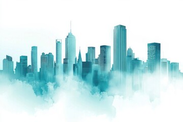 Naklejka premium Abstract cityscape background with skyscrapers and fog, a blue-green gradient color on a white background. 