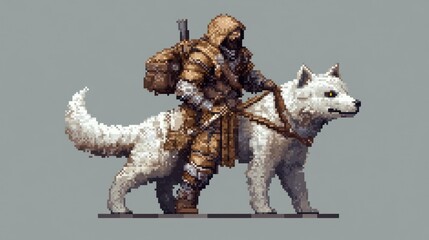 Pixel art of a hooded man with a large white wolf.
