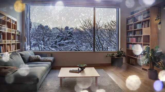 日本のマンション・アパートの部屋リビング　窓の外の雪景色の街　降り積もる降雪の天気　室内のソファと棚・テーブル　冬の風景背景素材　寒い家と落ち着いた雰囲気　クリスマス・年末・新年・冬休み・正月のイメージバックグラウンド　キラキラのイルミネーションのボケ光