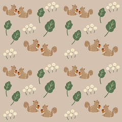 Brown hand drawn squirrel animals and floral seamless pattern vector