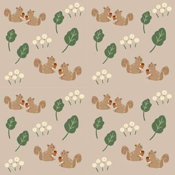 Brown hand drawn squirrel animals and floral seamless pattern vector
