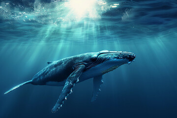 Fototapeta premium Fantastically beautiful majestic huge whale in blue ocean