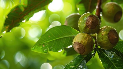 Obraz premium Close-up of green fruits with brown caps on lush green leaves, glistening with droplets in a vibrant, sunlit forest setting.