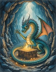 Watercolor A dragon curled around a treasure hoard in a glowing cave