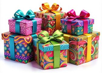 Vibrant 3D gift boxes adorned with ribbons and bows perfect for celebrating birthdays, Christmas, Valentine's Day, parties, anniversaries, and Eid Mubarak on a clean white backdrop.