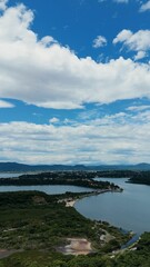 Aerial view of a lush landscape and winding river.