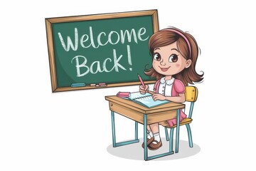 Girl Student Writing at Desk Welcomes Back to School