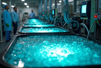 Rare Earth Metal Processing. Workers in cleanroom suits monitor bubbling turquoise liquid in tanks during the processing of rare earth metals.