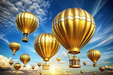 Obraz premium Vibrant 3D golden hot air balloons with lavish gold baskets, isolated against a white backdrop, evoke summer adventures and travel themes in a stunning vector illustration.