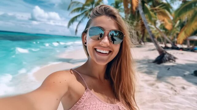 Attractive happy woman in sunglasses taking selfie photo on tropical beach