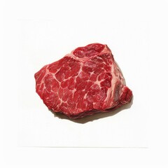 Obraz premium A raw piece of marbled beef, showcasing rich red color with distinct white fat streaks, resting on a plain white background