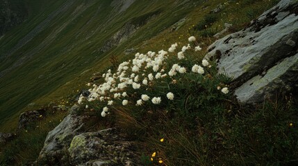 Alpine meadow with white flowers blooming near rocks.