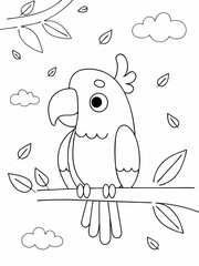 Parrot sitting on tree branch in white background coloring pages 