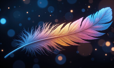 Obraz premium A delicate feather floats gracefully mid-air, disintegrating into a swirling cloud of colorful butterflies. The feather is a rich mix