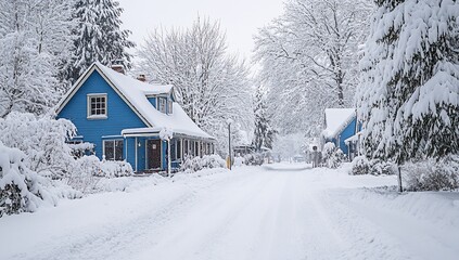 Naklejka premium Snow-covered street with blue houses.