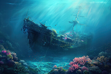 Underwater view of an sunken ship on seabed with fish swimming around