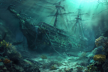 Obraz premium Underwater view of an sunken ship on seabed with fish swimming around