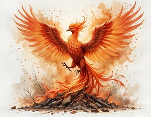 Watercolor A phoenix rising from the ashes with fiery wings