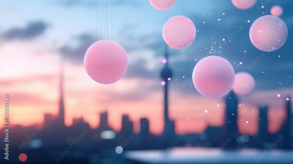 Poster a city skyline rendered in futuristic detail with streams of data flowing between buildings and glow