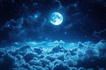 Moonlit night sky over clouds nature scene serene landscape celestial viewpoint dreamy atmosphere for relaxation
