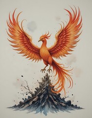 Obraz premium Watercolor A phoenix rising from the ashes with fiery wings