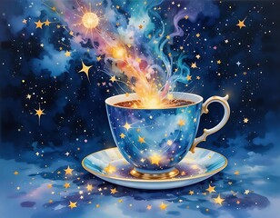 Watercolor A teacup spilling stars and galaxies