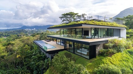 High-tech sustainable smart home design tropical landscape architectural photography modern environment aerial view energy efficiency