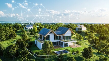 Hightech sustainable smart home with energyefficient solutions in green landscape architectural content aerial view