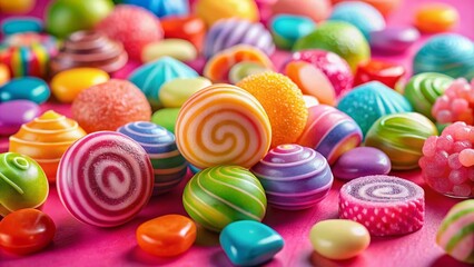Fototapeta premium Vibrant macro shot capturing three candies against a lovely pink backdrop, perfect for sweet treat enthusiasts and dessert lovers seeking delightful visuals.