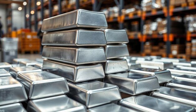 Industrial Silver. Stacks of silver ingots in a warehouse.