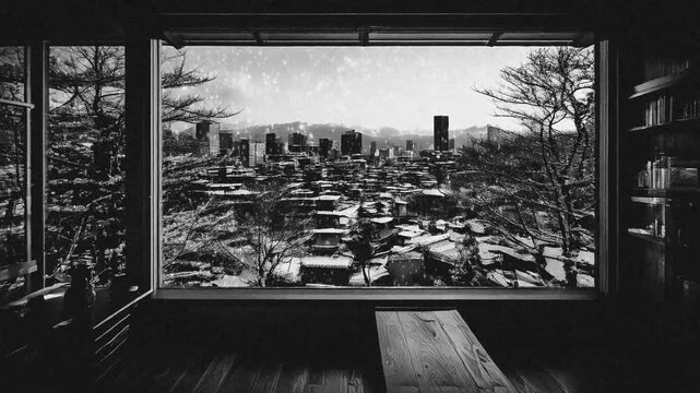 日本のマンション・アパートの部屋リビング　窓の外の雪景色の街　降り積もる降雪の天気　室内のソファと棚・テーブル　冬の風景背景素材　寒い家と落ち着いた雰囲気　クリスマス・年末・新年・冬休み・正月のイメージバックグラウンド モノクロフィルムイメージ
