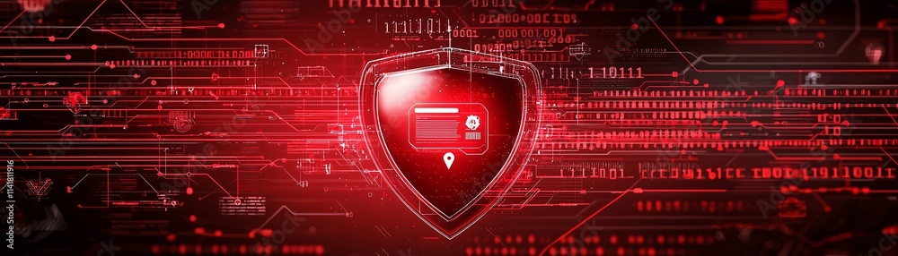 Poster register + process + security, digital fortress concept, shield symbol with binary code, deep contra
