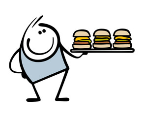 Satisfied teenager in a fast food restaurant holds a large tray of burgers. Vector illustration of funny stickman carrying lunch for friends. Cafe. Isolated character on white background.