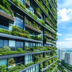Innovative green building design with vertical gardens in urban landscape architectural photography modern environment aerial view