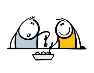 Two satisfied stickmen are eating from the same plate. Vector illustration of boys sticking forks into meat. Poor students are sitting at the table, sharing food together.