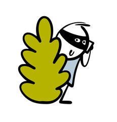 Cunning scammer hides in bushes, makes phone calls and steals the password from  banking application. Vector illustration of   crook in black mask talking to  victim of deception on the phone. 