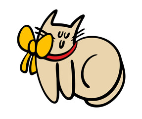 Sweet and gentle kitty modestly closed her eyes. Vector illustration of a funny pet. A fashionable animal with a yellow bow and red ribbon around its neck. Isolated character on white background.