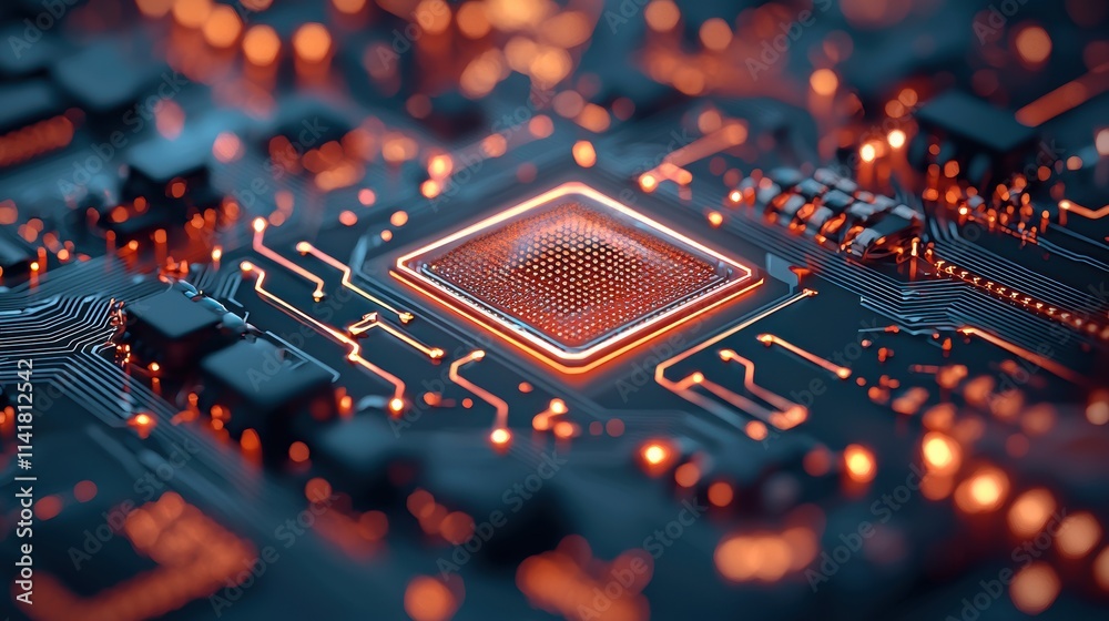 Poster a close up shot of a complex circuit board with glowing pathways, data packets flowing rapidly, show