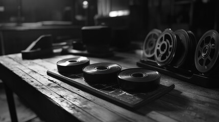 Obraz premium Film reels and spools on a rustic wooden table in a dark room.