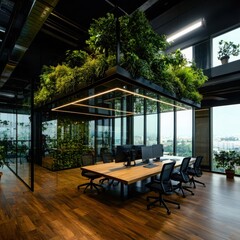 Fototapeta premium Innovative green startup office design in urban environment modern workspace with sustainable elements