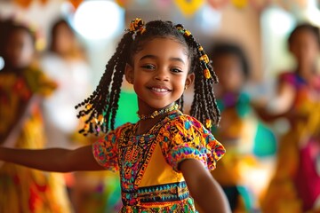 Fototapeta premium Smiling girl dancing in vibrant traditional African attire