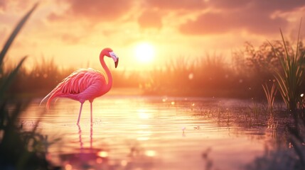 Fototapeta premium Pink flamingo standing in shallow water at sunset.